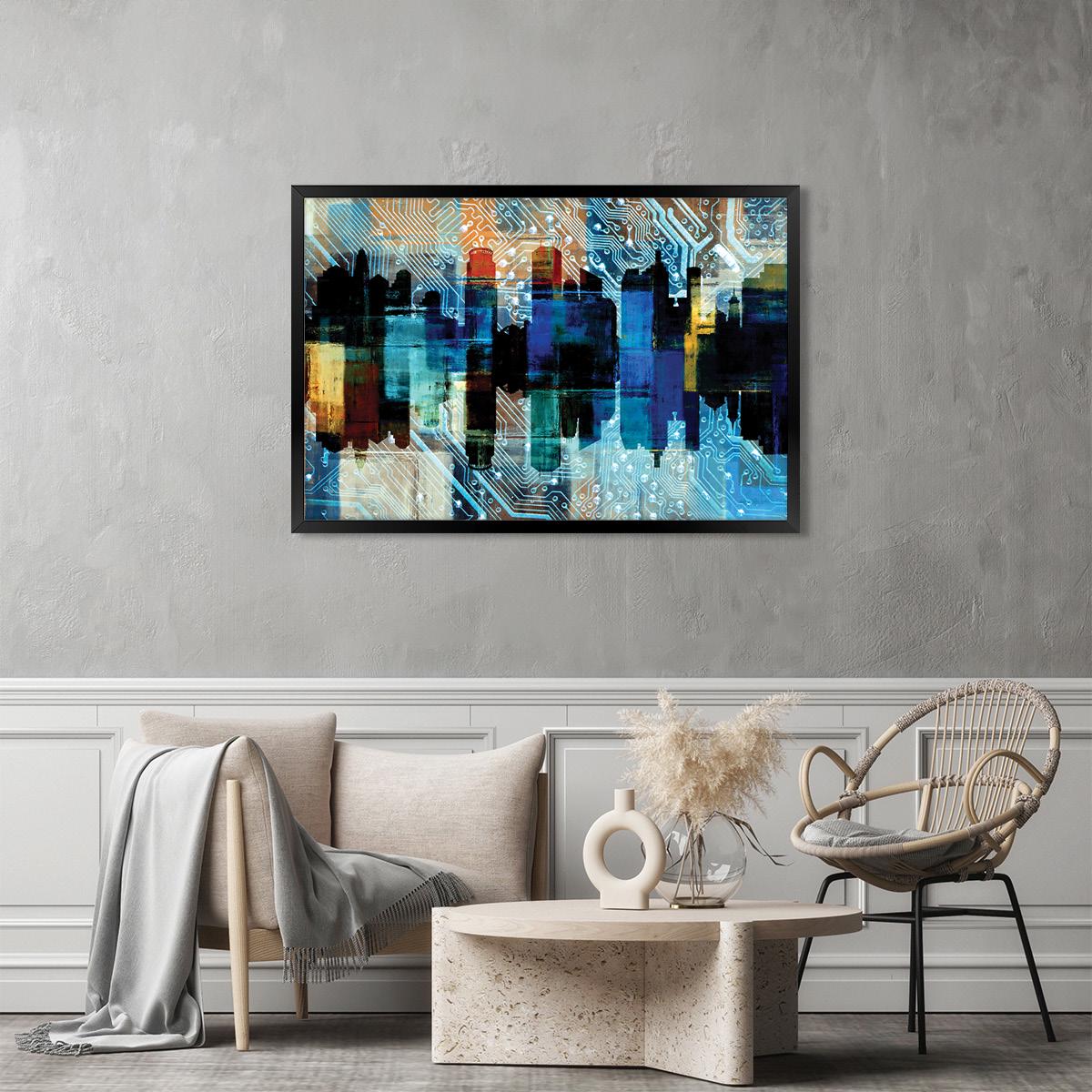 Blue Urban Abstract Canvas Print - Colorful City Modern Wall Art, Framed Options