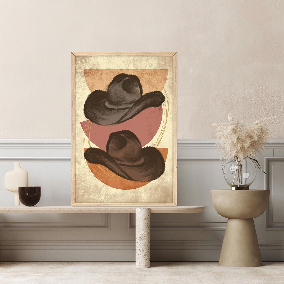 Vintage Western Cowboy Hat Canvas Wall Art - Rustic Modern Farmhouse Decor, Framed Cowboy Artwork