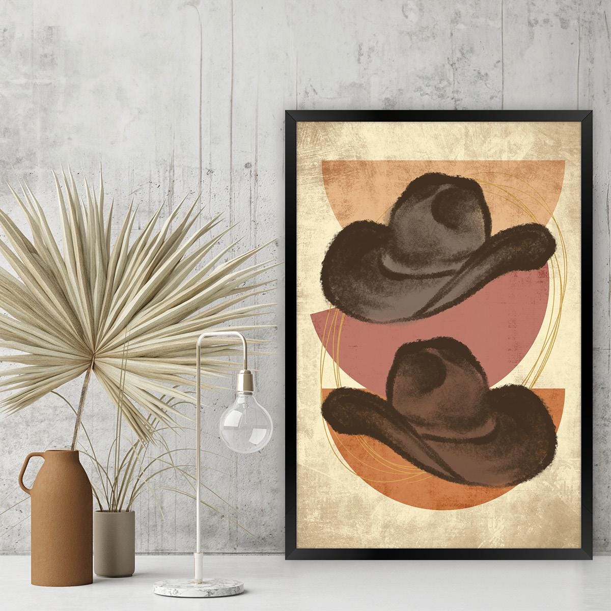 Vintage Western Cowboy Hat Canvas Wall Art - Rustic Modern Farmhouse Decor, Framed Cowboy Artwork