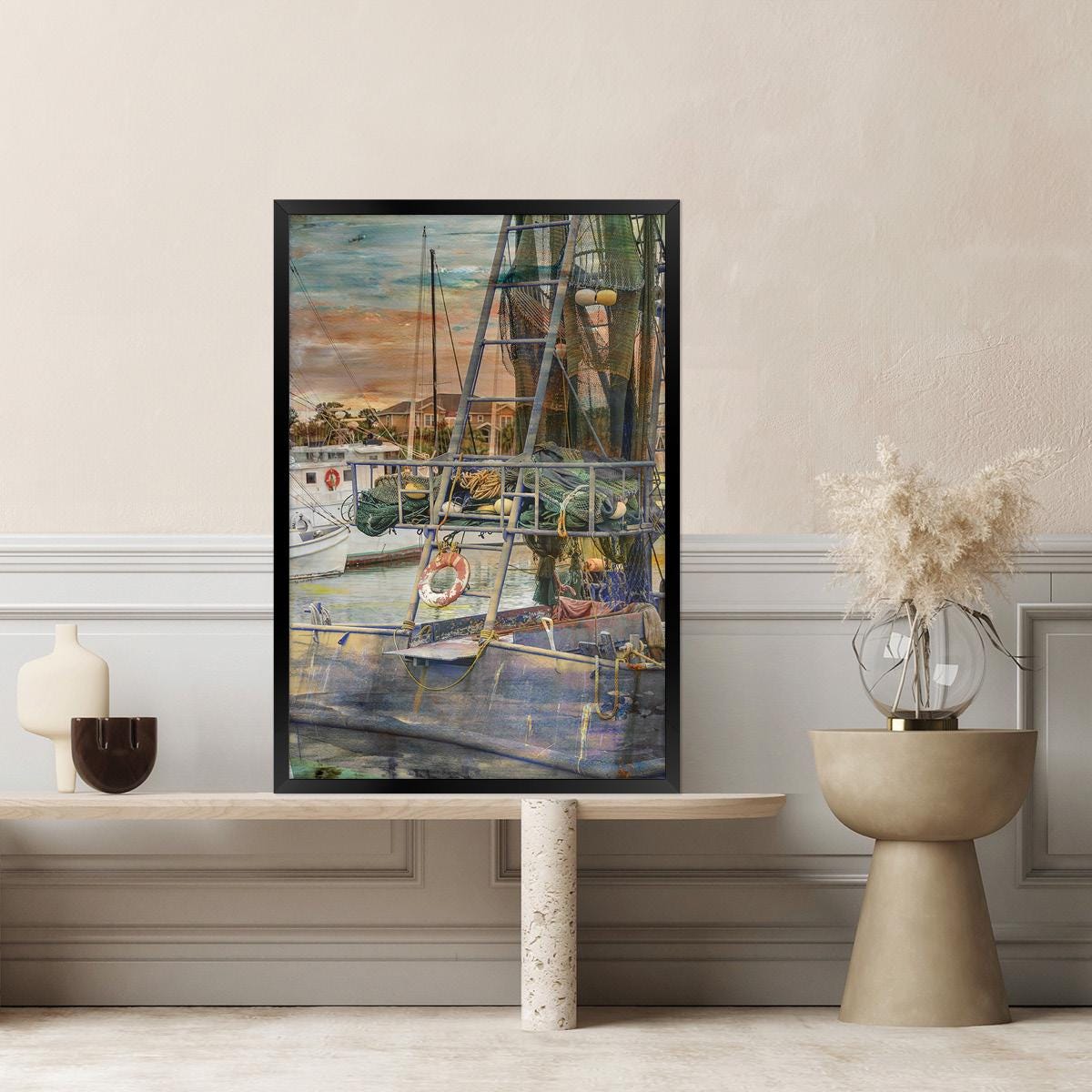 Shrimp Boat Canvas Wall Art - Coastal Nautical Home Decor, Framed Artwork Available