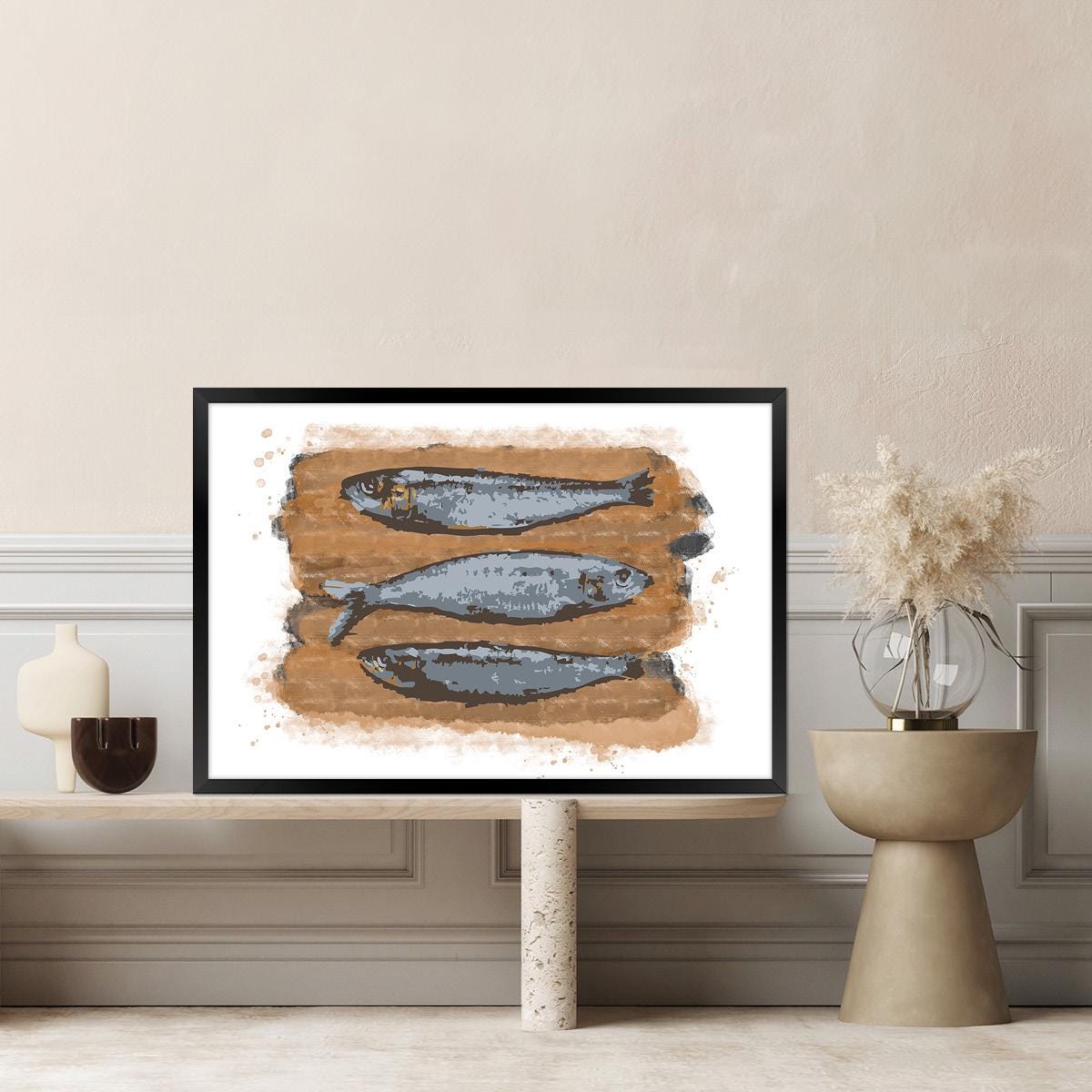 Modern Sardines Fish Canvas Wall Art - Sealife Beach House Decor, Framed Artwork Available