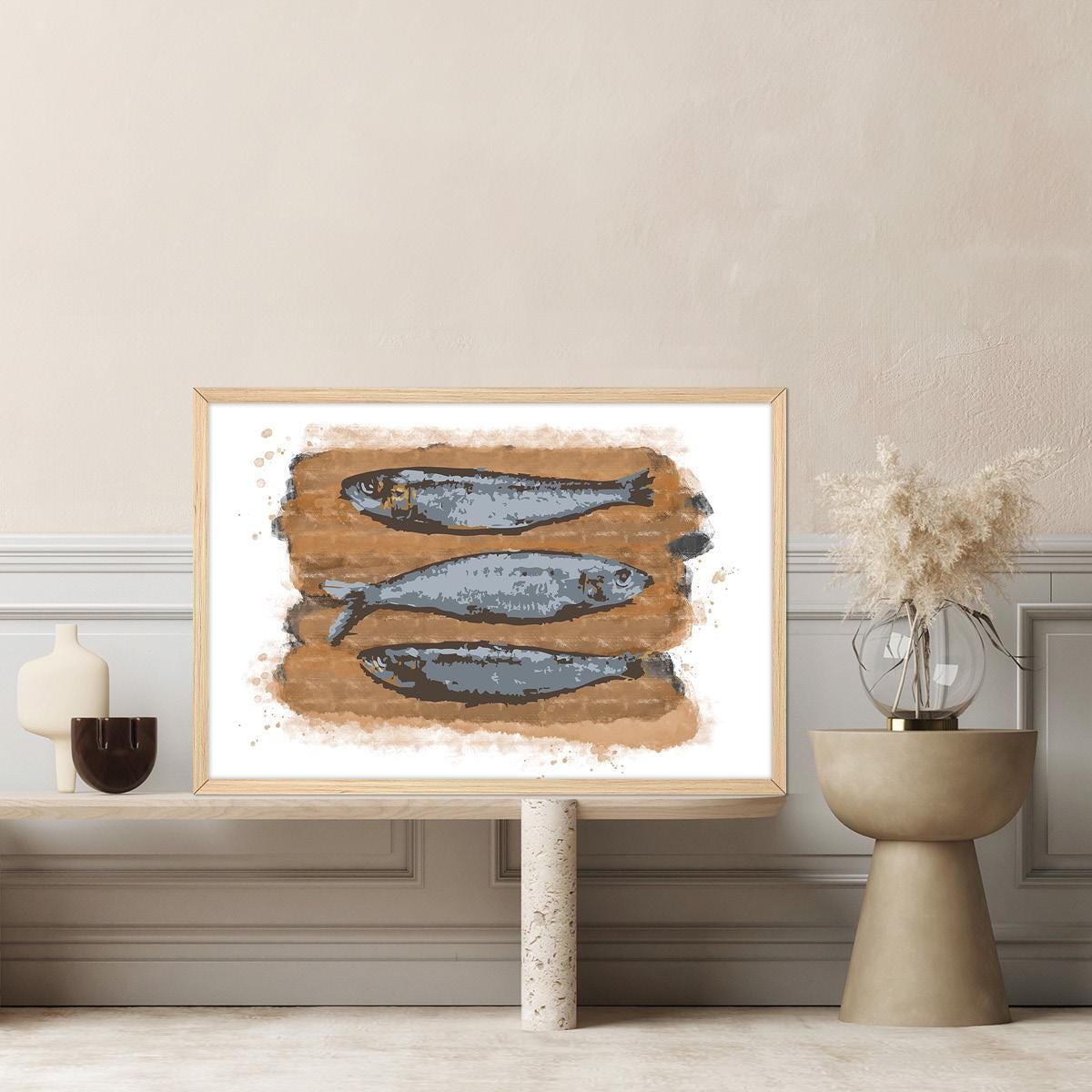 Modern Sardines Fish Canvas Wall Art - Sealife Beach House Decor, Framed Artwork Available
